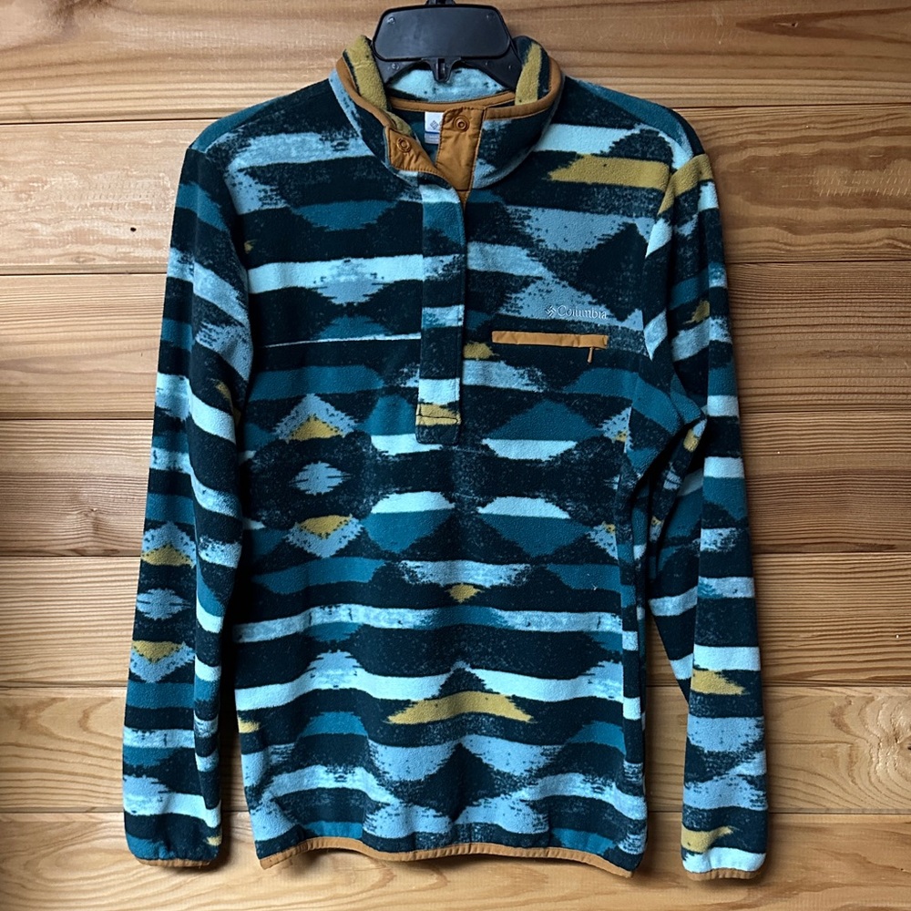Columbia Women's Teal Multicolor Aztec Patterned Fleece Pullover Size M